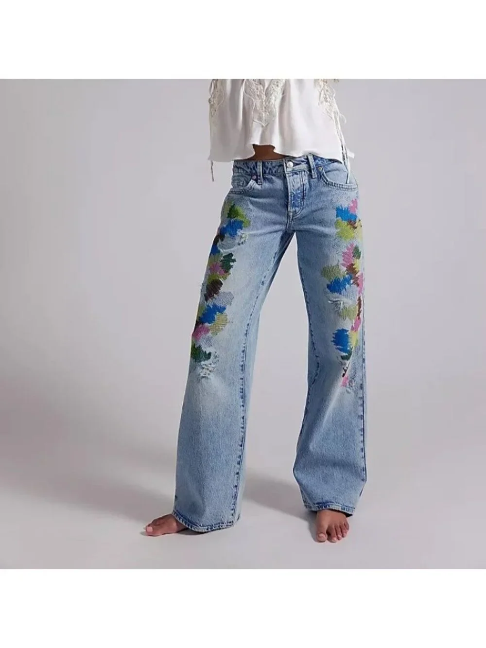 Free People Tennessee Low Rise Jeans Embroidered Hippie 90s Retro Women 26